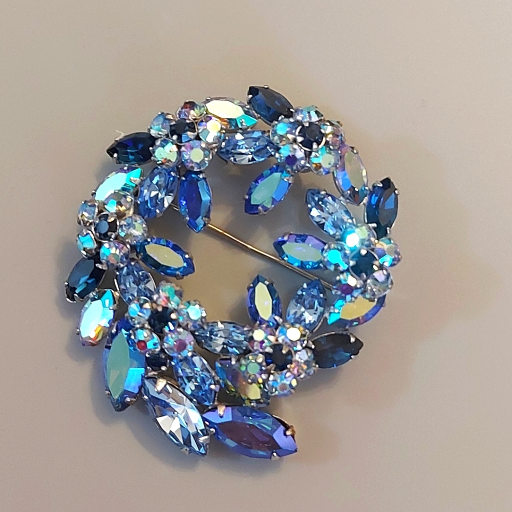 Blue Aurora Borealis Rhinestone Wreath Brooch Floral Multi Layered Silver Tone
